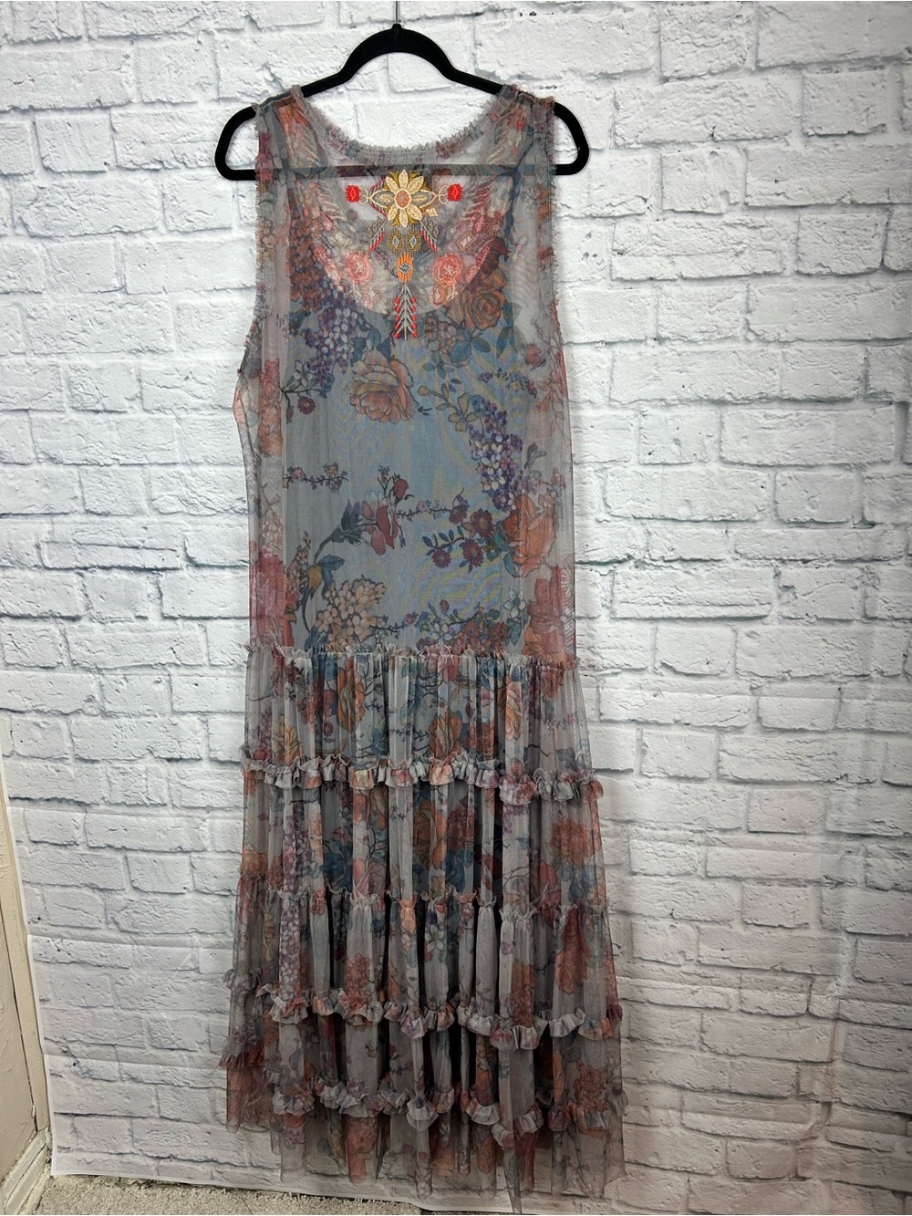 Johnny Was Biya Embroidered Mesh Floral Tiered Maxi Dress Gray XL Boho - Picture 6 of 6